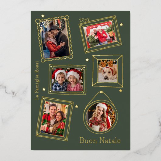 Buon Natale Doodle Lijst Multi Foto Folie Feestdagenkaart (Voorkant)