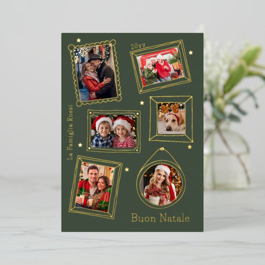 Buon Natale Doodle Lijst Multi Foto Folie Feestdagenkaart (Staand Voorkant)