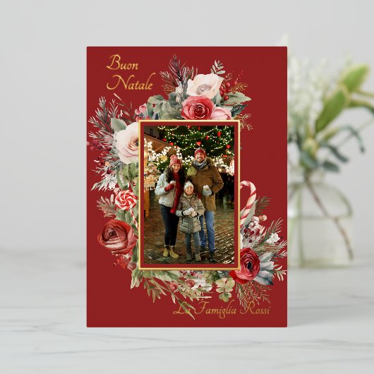 Buon Natale Foto Bloemen Folie Vakantie Kaart (Staand Voorkant)