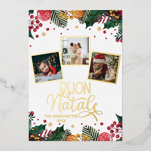 Buon Natale Foto Collage Red Holly Berries Folie Feestdagenkaart (Voorkant)