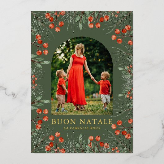 Buon Natale Fotocollage Waterverf Bloemen Folie Feestdagenkaart (Voorkant)