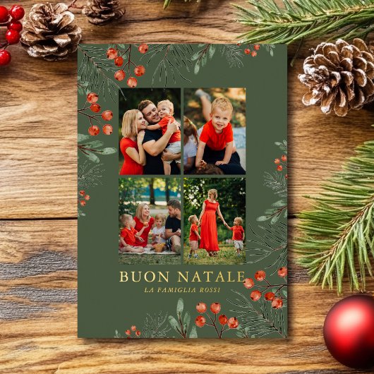 Buon Natale Fotocollage Waterverf Bloemen Folie Feestdagenkaart