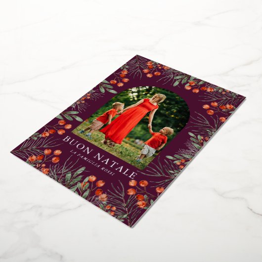 Buon Natale Fotocollage Waterverf Bloemen Folie Feestdagenkaart (Gedraaid)