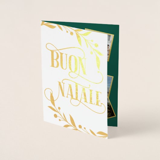 Buon Natale Gold Berries Groene foto Collage Folie Kaarten (Voorkant)
