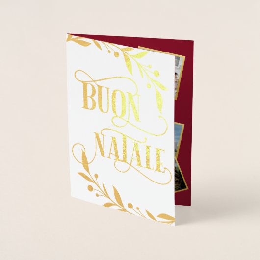 Buon Natale Gold Berries Red Photo Collage Folie Kaarten (Voorkant)