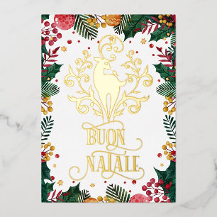 Buon Natale Gold Deer Green Holly Foto Folie Feestdagenkaart