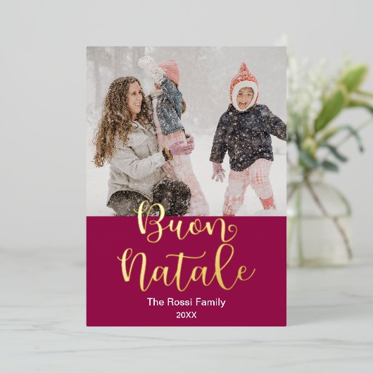 Buon Natale, Italiaans kerstlegant met vrolijk ker Folie Feestdagenkaart (Staand Voorkant)