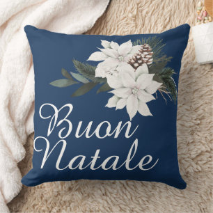 Buon Natale Italiaanse Kerstmis Bloemen op Navy Bl Kussen