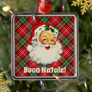 Buon Natale Italiaanse Kerstmis Santa Red Plaid Metalen Ornament