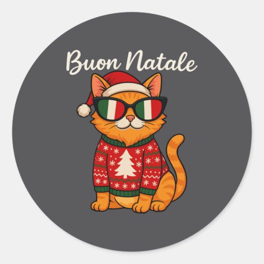 Buon Natale Italian Cat Christmas, Italy Pride Hol Ronde Sticker (Voorkant)