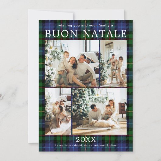 Buon Natale Multi Photo Green Plaid Feestdagenkaart (Voorkant)