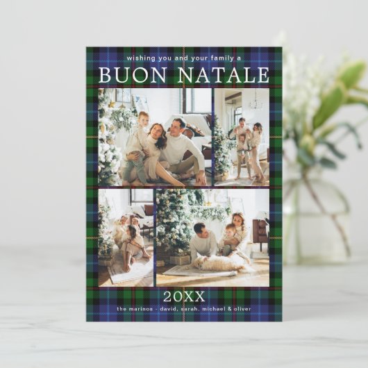 Buon Natale Multi Photo Green Plaid Feestdagenkaart (Staand voorkant)