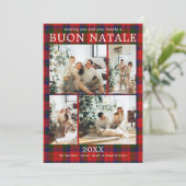 Buon Natale Multi Photo Red Plaid Holiday Kaart (Staand voorkant)