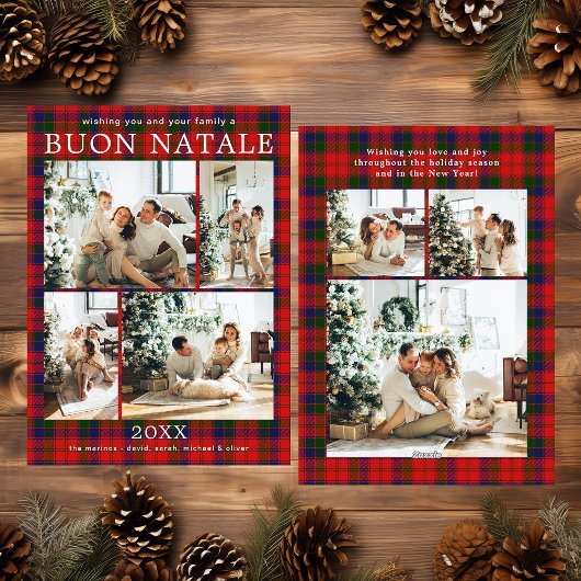 Buon Natale Multi Photo Red Plaid Holiday Kaart