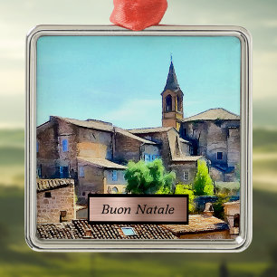 Buon Natale Orvieto Italy Hillside and Church Metalen Ornament