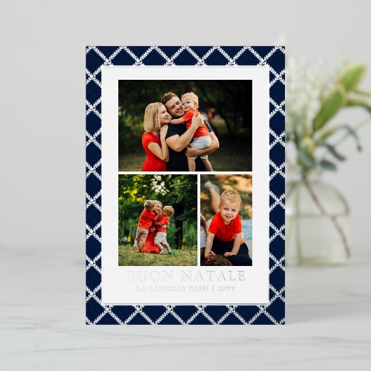 Buon Natale Photo Collage Blue Check Folie Feestdagenkaart (Staand Voorkant)