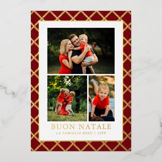 Buon Natale Photo Collage Red Check Folie Feestdagenkaart (Voorkant)