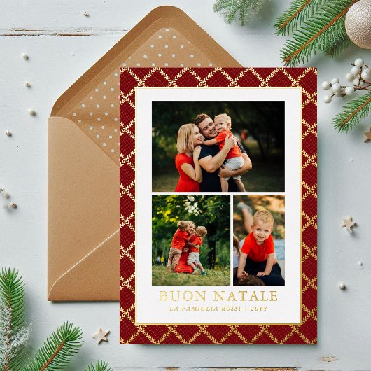 Buon Natale Photo Collage Red Check Folie Feestdagenkaart