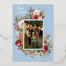 Buon Natale Photo Floral Blue Folie Holiday Kaart