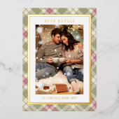 Buon Natale Pink Green Plaid Tartan Photo Folie Feestdagenkaart (Voorkant)