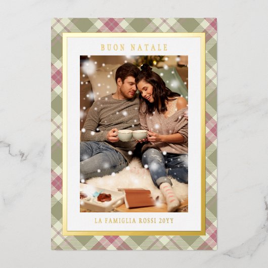 Buon Natale Pink Green Plaid Tartan Photo Folie Feestdagenkaart (Voorkant)