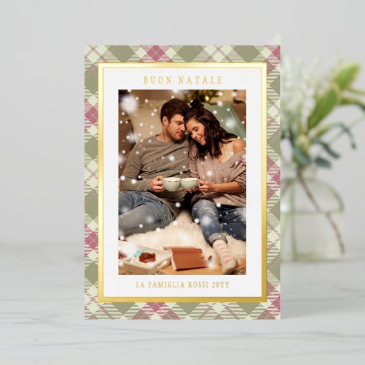 Buon Natale Pink Green Plaid Tartan Photo Folie Feestdagenkaart (Staand Voorkant)