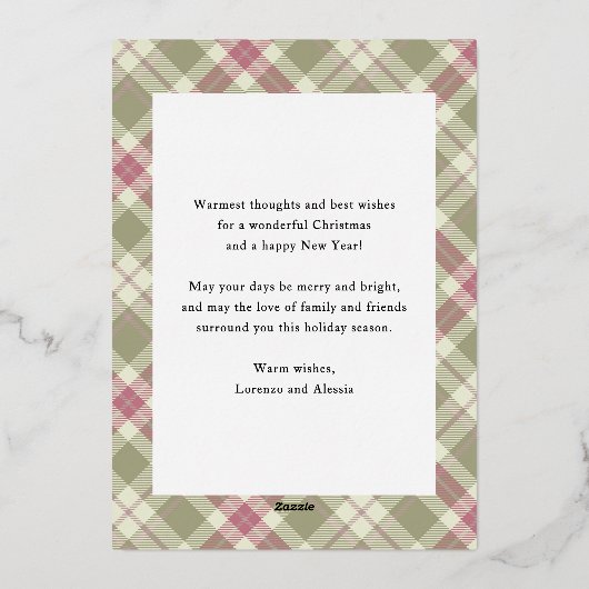 Buon Natale Pink Green Plaid Tartan Photo Folie Feestdagenkaart (Achterkant)