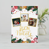 Buon Natale Red Berries Green Holly Photo Collage Folie Feestdagenkaart (Staand Voorkant)