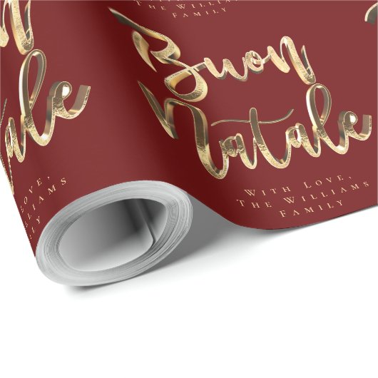 Buon Natale Red Gold-kerstscript Italiaans Cadeaupapier (Rol Hoek)