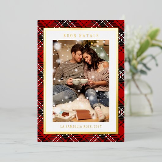 Buon Natale Red Plaid Tartan Foto Folie Feestdagenkaart (Staand Voorkant)
