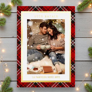 Buon Natale Red Plaid Tartan Foto Folie Feestdagenkaart
