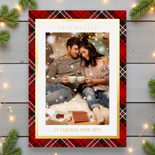 Buon Natale Red Plaid Tartan Foto Folie Feestdagenkaart