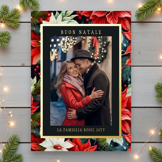 Buon Natale Red Poinsettia Bloemenfoto Folie Feestdagenkaart