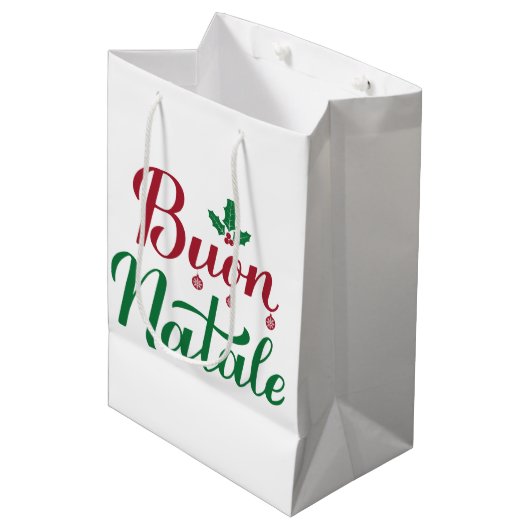 Buon Natale Rode en Groene Kerstmis Medium Cadeauzakje (Voorkant Gekanteld)