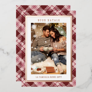 Buon Natale Roze Rood Plaid Tartan Foto Folie Feestdagenkaart