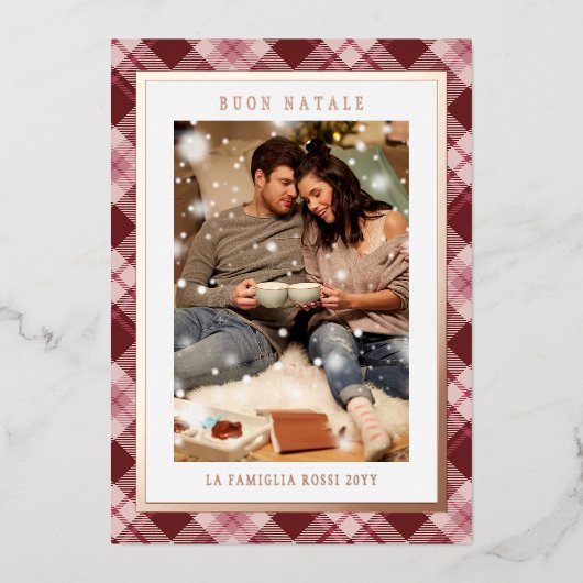 Buon Natale Roze Rood Plaid Tartan Foto Folie Feestdagenkaart (Voorkant)