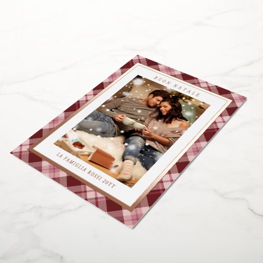 Buon Natale Roze Rood Plaid Tartan Foto Folie Feestdagenkaart (Gedraaid)