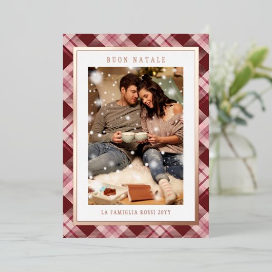 Buon Natale Roze Rood Plaid Tartan Foto Folie Feestdagenkaart (Staand Voorkant)