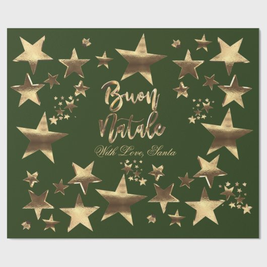 Buon Natale Stars Groen Goud Script Kerstmis Cadeaupapier (Vlak)