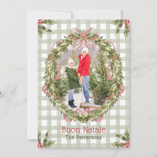 Buon Natale Waterverf Floral Bow Familiefoto Feestdagenkaart (Voorkant)