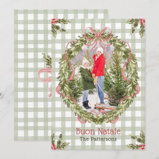Buon Natale Waterverf Floral Bow Familiefoto Feestdagenkaart (Voorkant / Achterkant)
