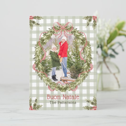 Buon Natale Waterverf Floral Bow Familiefoto Feestdagenkaart (Staand voorkant)