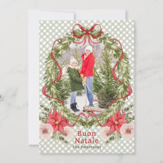 Buon Natale Waterverf Floral Bow Familiefoto Feestdagenkaart (Voorkant)