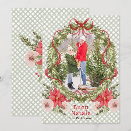 Buon Natale Waterverf Floral Bow Familiefoto Feestdagenkaart (Voorkant / Achterkant)