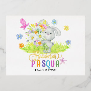 Buona Pasqua Schattige Konijn Boeket Spring Flower Folie Feestdagen Briefkaart