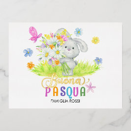 Buona Pasqua Schattige Konijn Boeket Spring Flower Folie Feestdagen Briefkaart