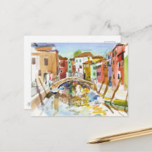 Burano Kanaal Brug Watercolor Reflecties
