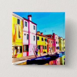 Burano, schilderij van de waterverf van Venetië Vierkante Button 5,1 Cm