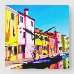 Burano, schilderij van de waterverf van Venetië Vierkante Klok