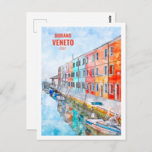Burano Veneto Italië Beroemde Reis Waterverf Briefkaart (Voorkant / Achterkant)